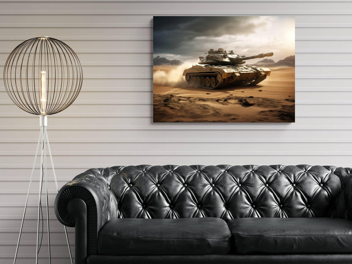 a large, detailed painting of a military tank on a desert landscape, hanging on a wall above a black leather couch.