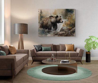 Grizzly Bear by Waterfall | Brown Bear Watercolor Forest Series | Canvas Print | Wildlife Art | Cabin Art | Archer Kincaid