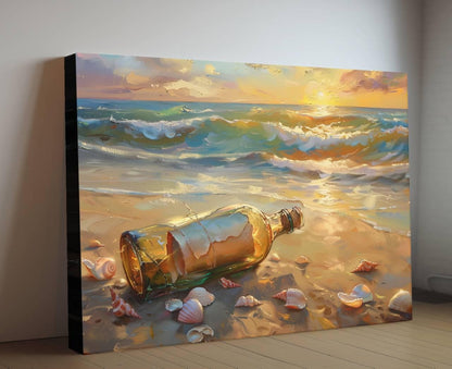 Message in Bottle Canvas, Pirate Beach Sunset Print, Romantic Ocean Wall Decor, Seashell Shore Oil Painting Style, Maritime Mystery