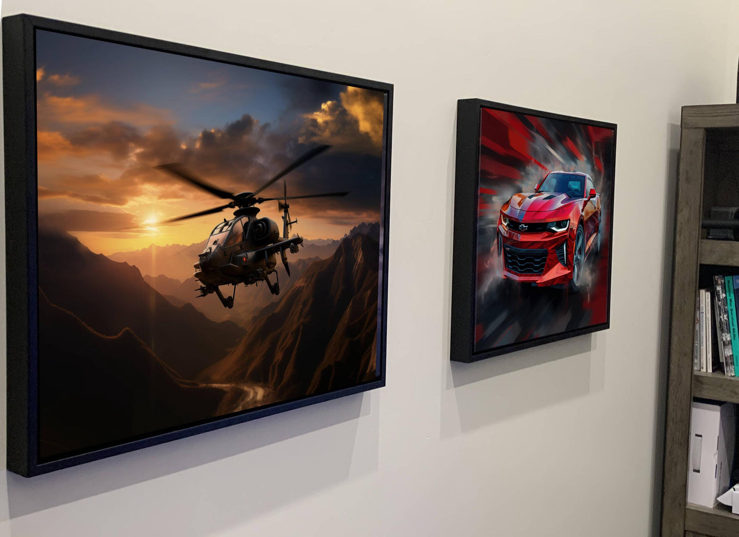 two framed pictures hanging on a wall. The left picture depicts a helicopter flying over a mountainous landscape, while the right picture shows a red sports car speeding down a road.