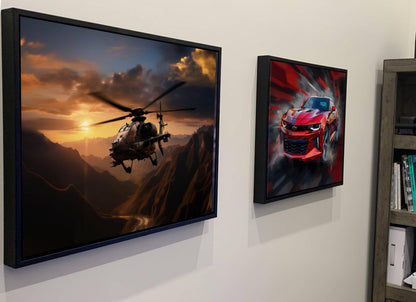 two framed pictures hanging on a wall. The left picture depicts a helicopter flying over a mountainous landscape, while the right picture shows a red sports car speeding down a road.